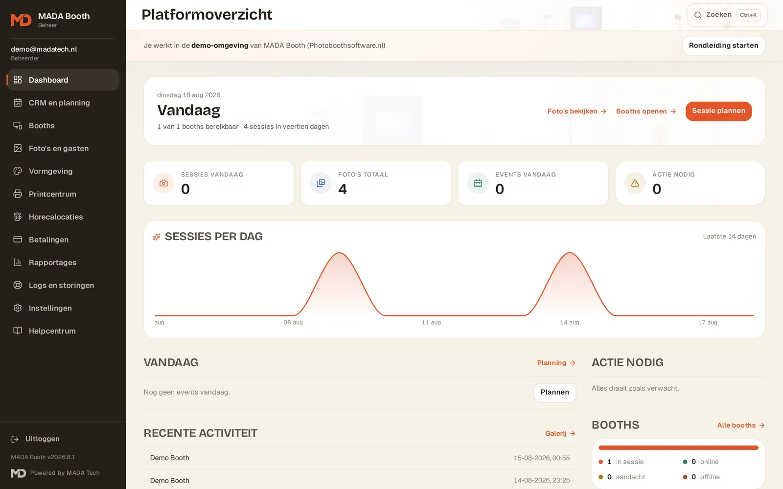 Dashboard mit Sessions, Umsatz und Fotobox-Status