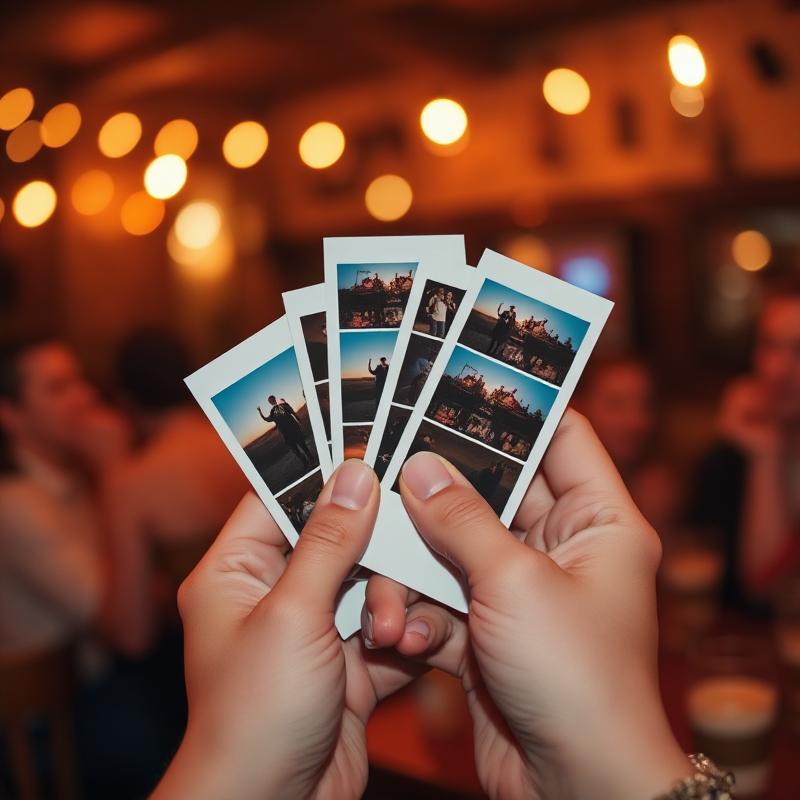Ein Gast hält frisch gedruckte Fotostreifen in einem gemütlichen Café